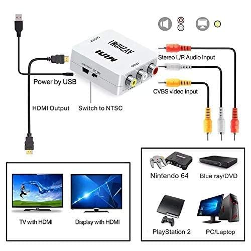 AV to HDMI Converter, RCA to HDMI, 1080P Mini RCA Composite CVBS Video Audio Converter Adapter Support PAL/NTSC for TV/PC/Gaming Console, VHS/VCR/Blue-Ray DVD Players.(White)