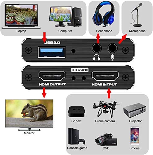 Video Capture Cards, 4K HDMI to USB 3.0 Video Capture Device, 60fps Broadcast Live and Record Video Audio Gaming, Streaming, Teaching, Video (4K USB 3.0 HDMI Video Capture)