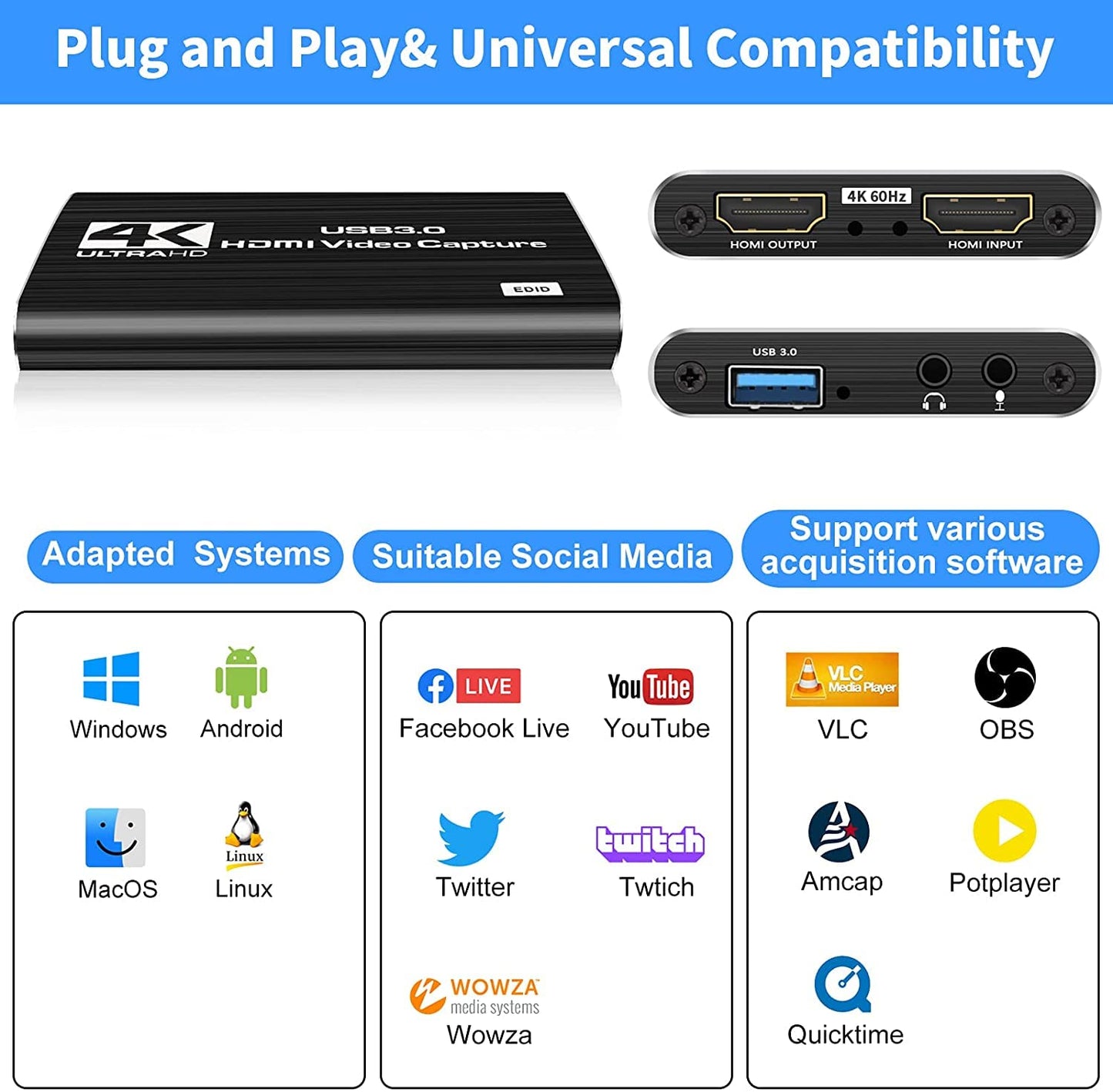 Video Capture Cards, 4K HDMI to USB 3.0 Video Capture Device, 60fps Broadcast Live and Record Video Audio Gaming, Streaming, Teaching, Video (4K USB 3.0 HDMI Video Capture)