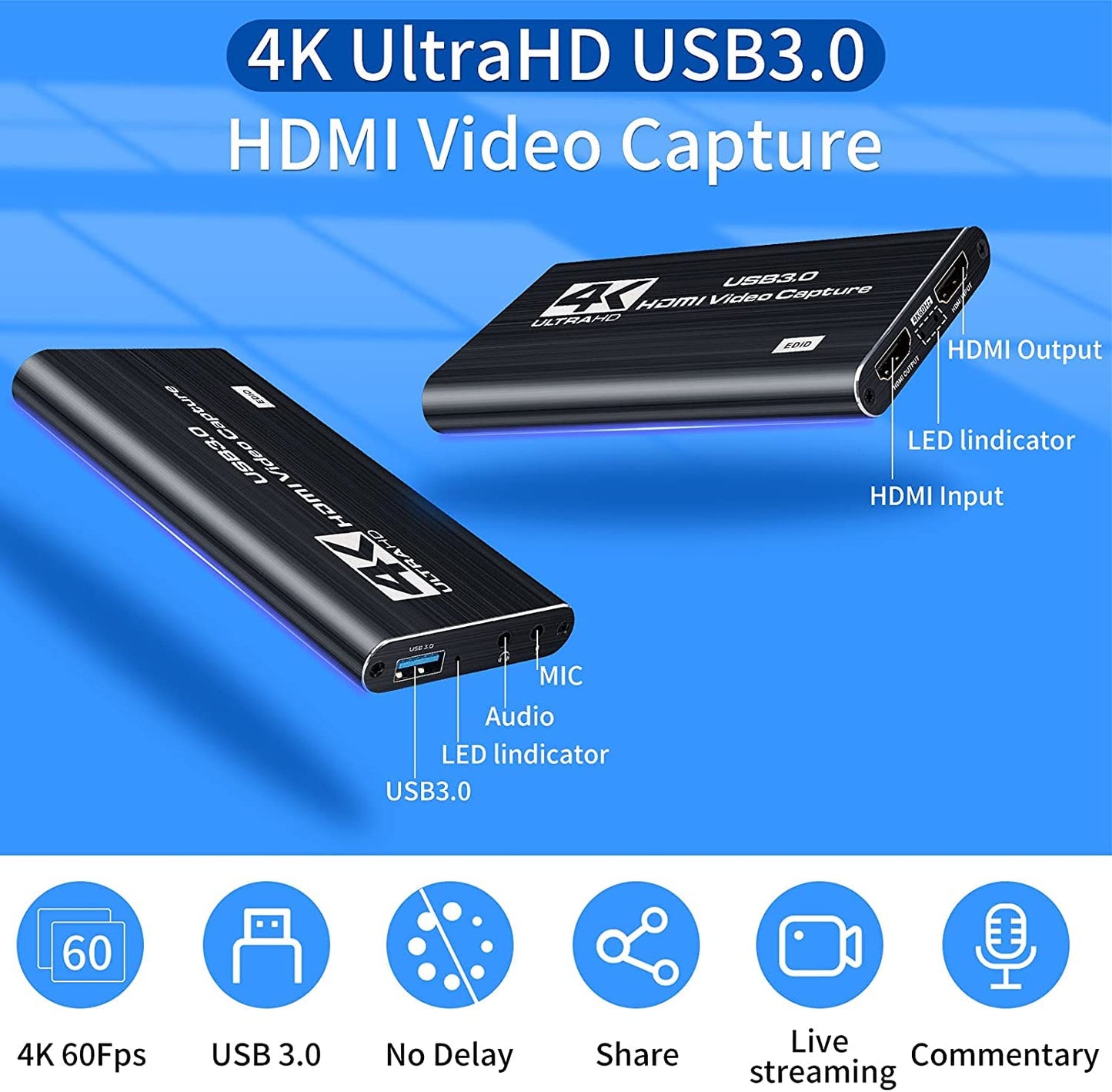 Video Capture Cards, 4K HDMI to USB 3.0 Video Capture Device, 60fps Broadcast Live and Record Video Audio Gaming, Streaming, Teaching, Video (4K USB 3.0 HDMI Video Capture)