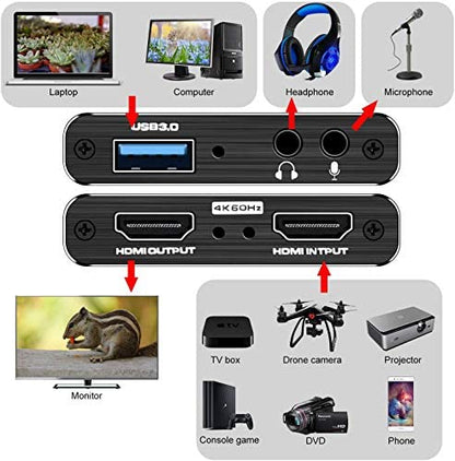 Video Capture Cards, 4K HDMI to USB 3.0 Video Capture Device, 60fps Broadcast Live and Record Video Audio Gaming, Streaming, Teaching, Video (4K USB 3.0 HDMI Video Capture)