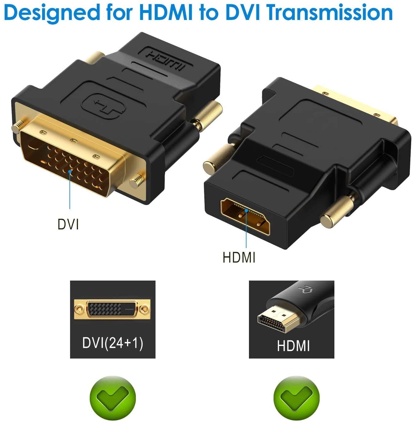 DVI to HDMI Adapter, DVI-D 24+1 Male to HDMI Female High Speed Adapter Converter Gold Plated Support 1080P for HDTV, Plasma, DVD, Projector, Computer