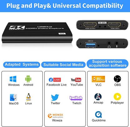 Video Capture Cards, 4K HDMI to USB 3.0 Video Capture Device, 60fps Broadcast Live and Record Video Audio Gaming, Streaming, Teaching, Video (4K USB 3.0 HDMI Video Capture)