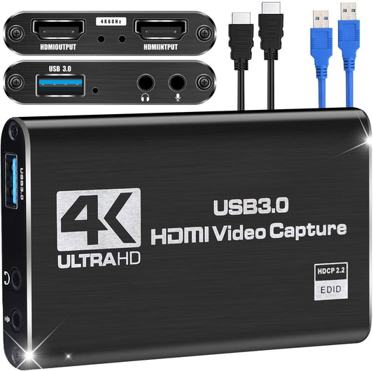 Video Capture Cards, 4K HDMI to USB 3.0 Video Capture Device, 60fps Broadcast Live and Record Video Audio Gaming, Streaming, Teaching, Video (4K USB 3.0 HDMI Video Capture)
