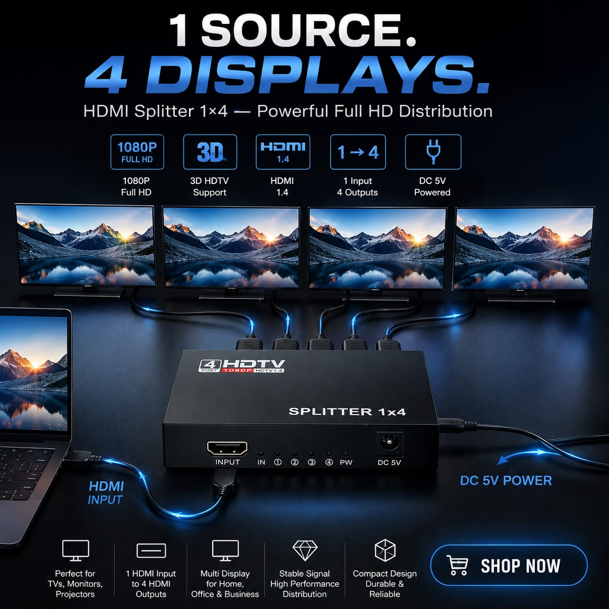 HDMI Splitter 1×4 — Split one HDMI signal into 4 displays with reliable Full HD performance!