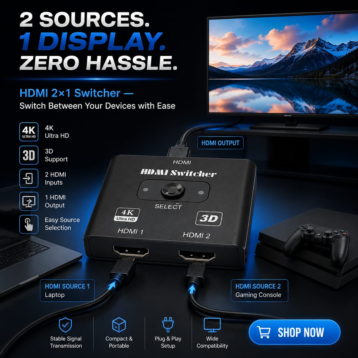 🎯 HDMI 2×1 Switcher — Easily switch between two HDMI devices with one click!