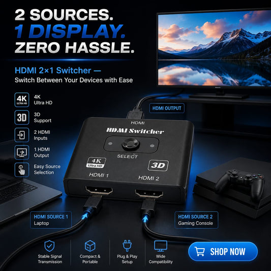 🎯 HDMI 2×1 Switcher — Easily switch between two HDMI devices with one click!